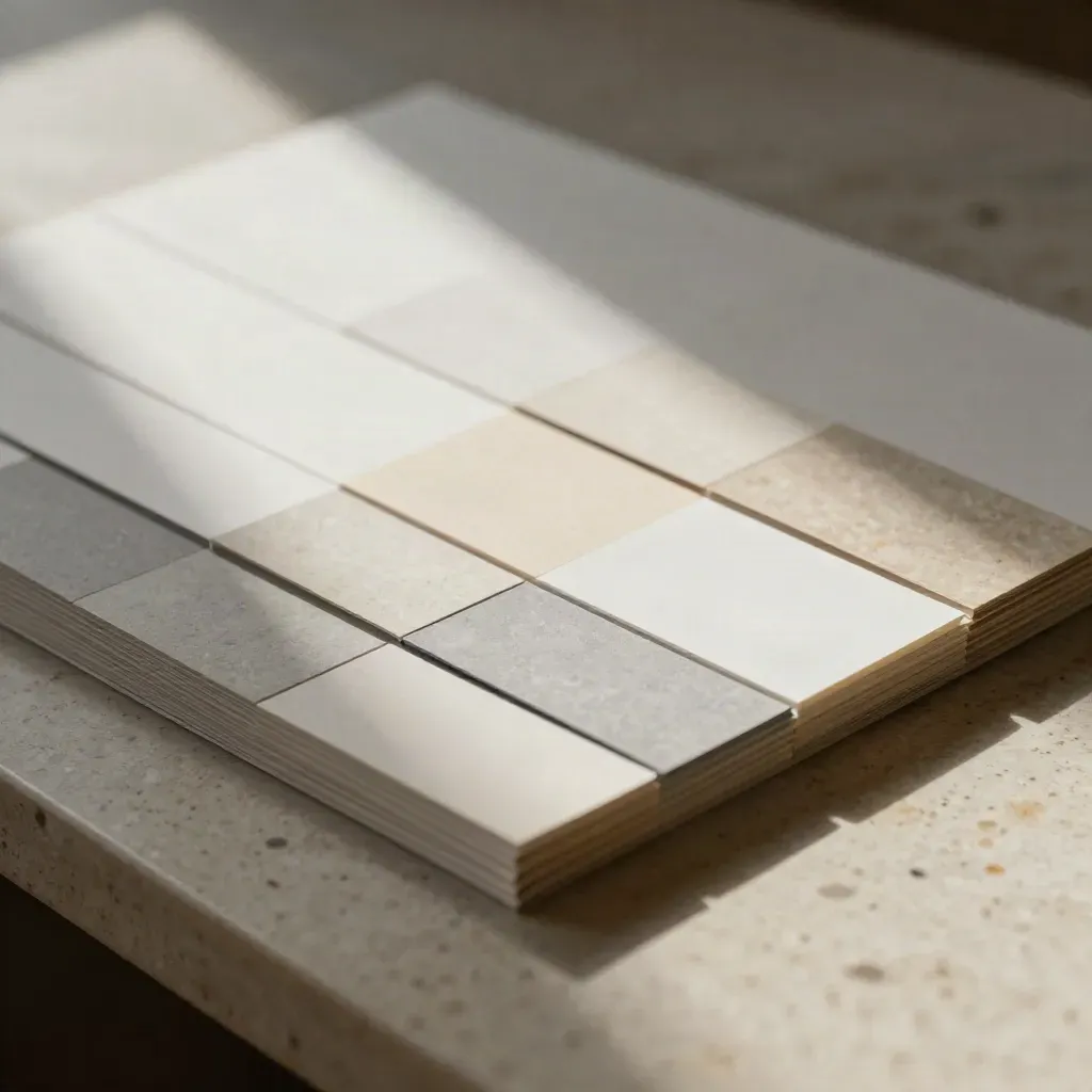 Macro of layered paper formats, swatch strips and packaging sleeves on a pale travertine bench.