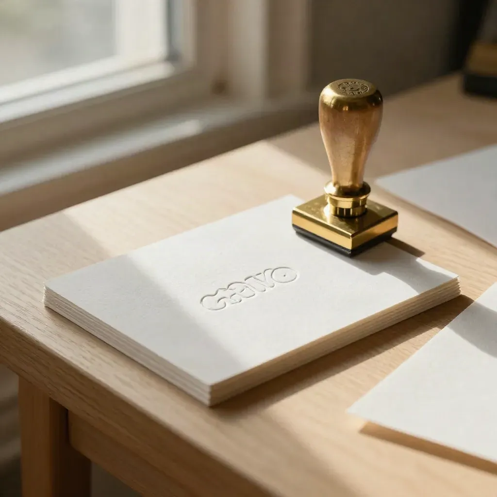 Embossed logo cards, folded brand board, and brass stamp on a pale oak bench