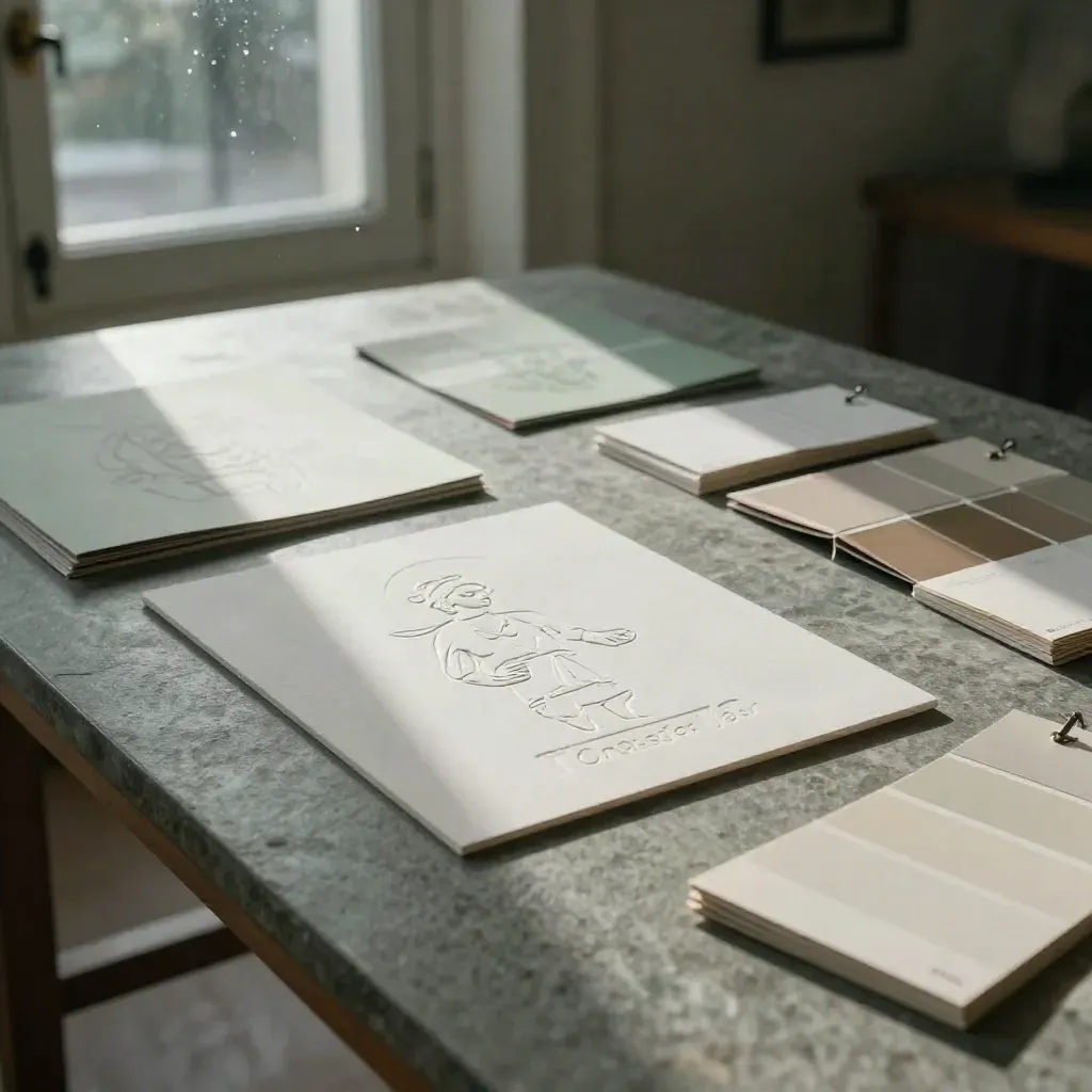 Tor Design studio tableau with embossed boards, swatches and packaging on a stone worktable.