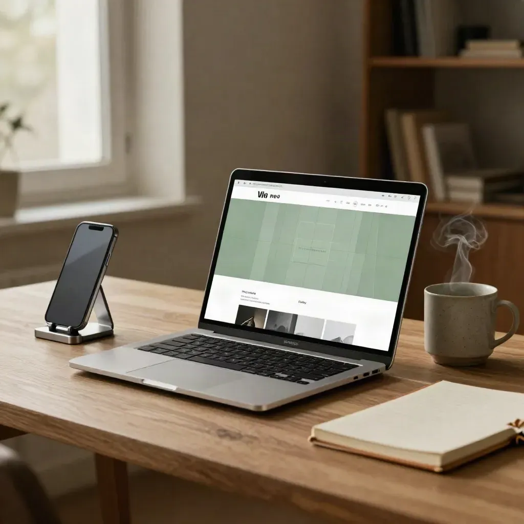 Angled laptop with glowing site blocks, phone stand, steaming mug, and folded notebook on a studio bench