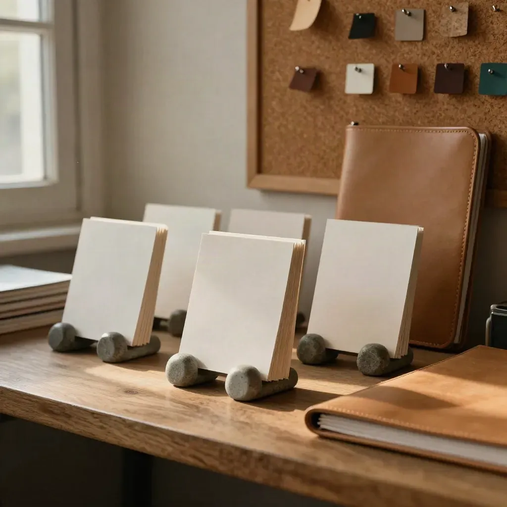 Blank strategy cards, stone paperweights, cork colour chips and leather folio in warm studio light