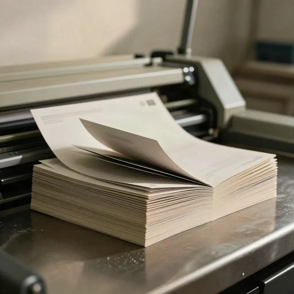 Low-angle print-room still life of brochure stack, folded leaflet fan and matte mailer sleeve in warm haze