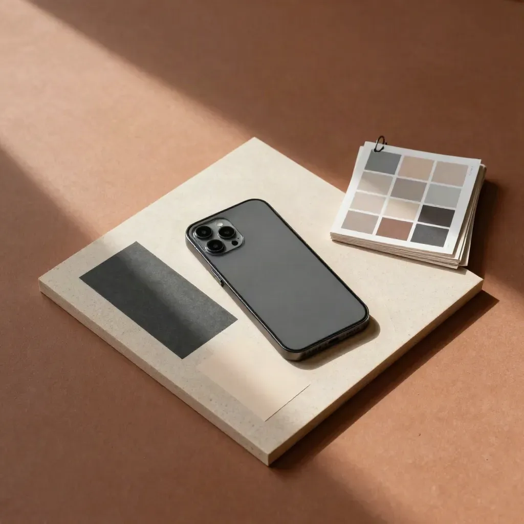 Studio flat lay of social asset boards, a phone mockup, and a template stack on terracotta.