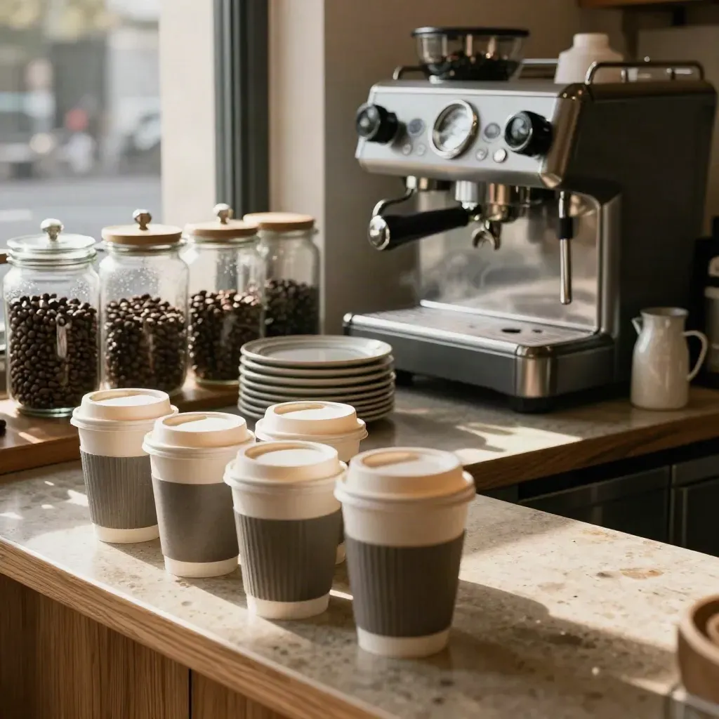 Cozy coffee counter with cups, jars and a glowing espresso machine in warm afternoon light.