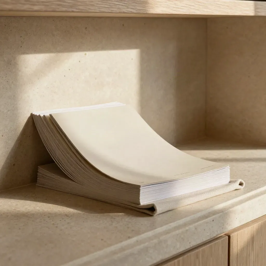 Brochure stack and fan of covers on a stone tray in a dramatic reception niche.