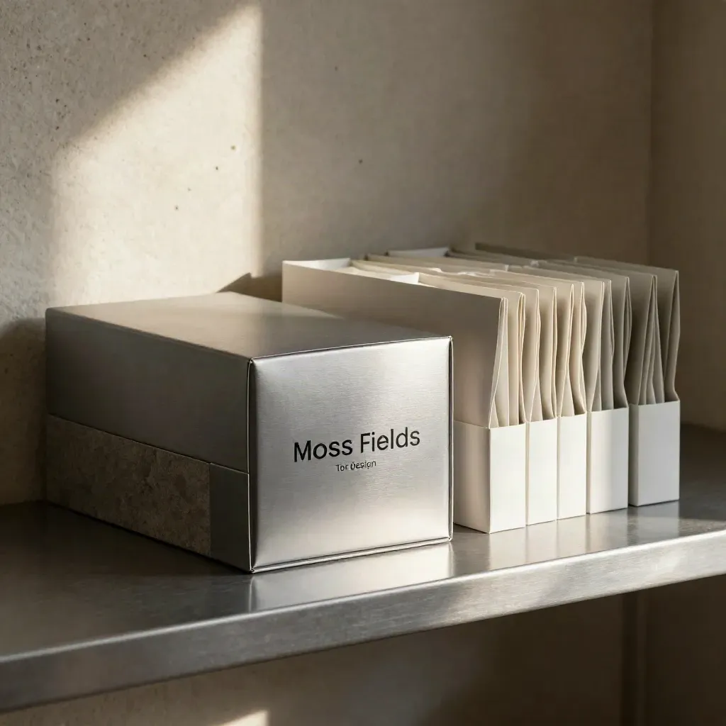 Packaging boxes and mailer wraps arranged on a steel shelf in warm window light.
