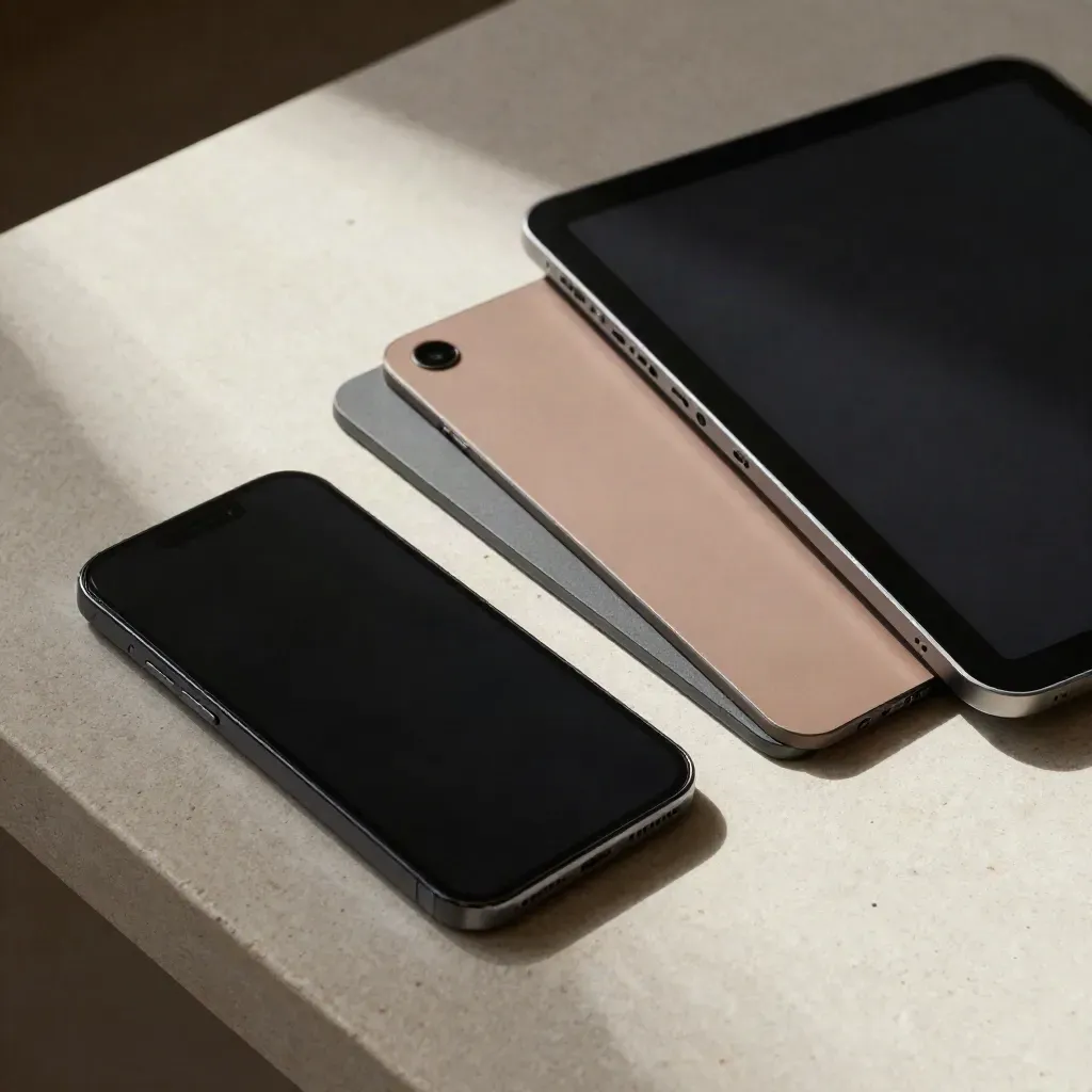 Angled phone, tablet, and three neutral social tiles sliding across a pale stone desk.