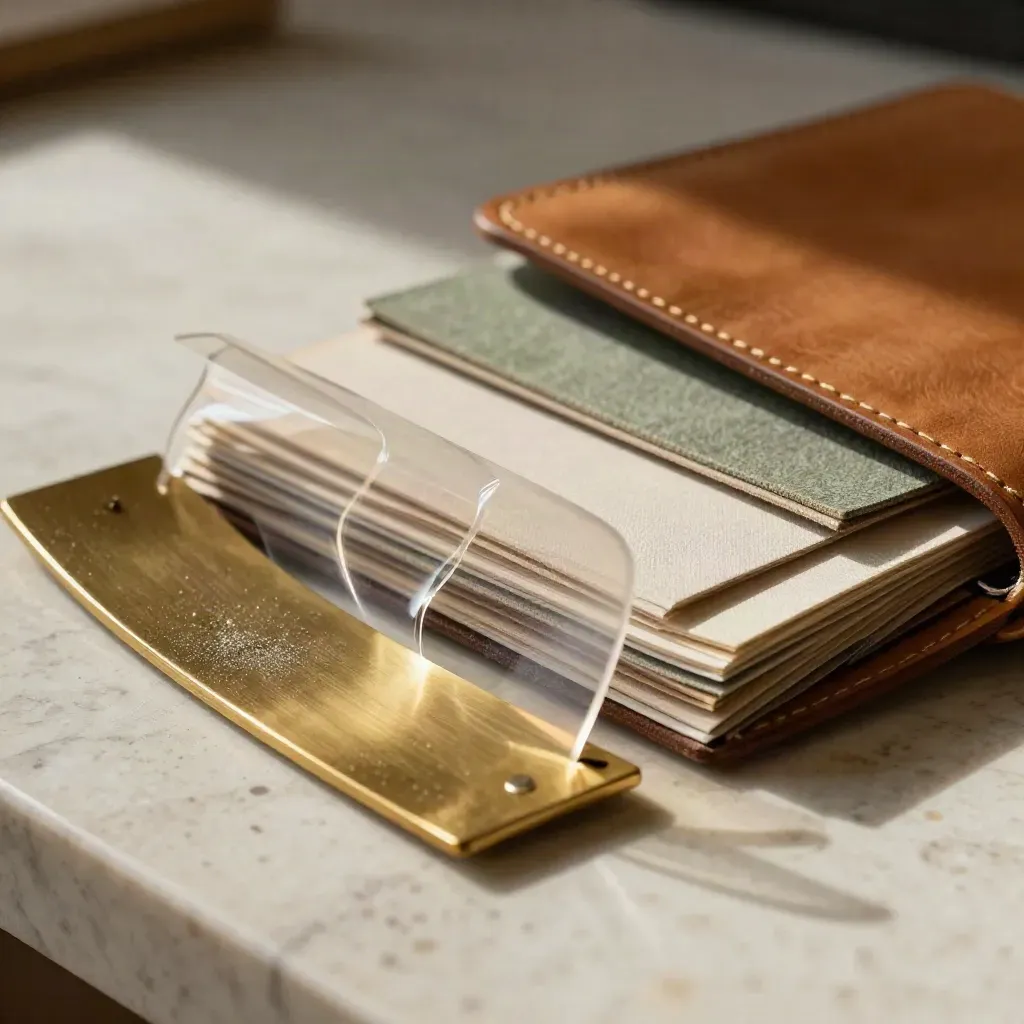 Macro of brass French curve, acetate overlays and leather swatch folio on travertine.
