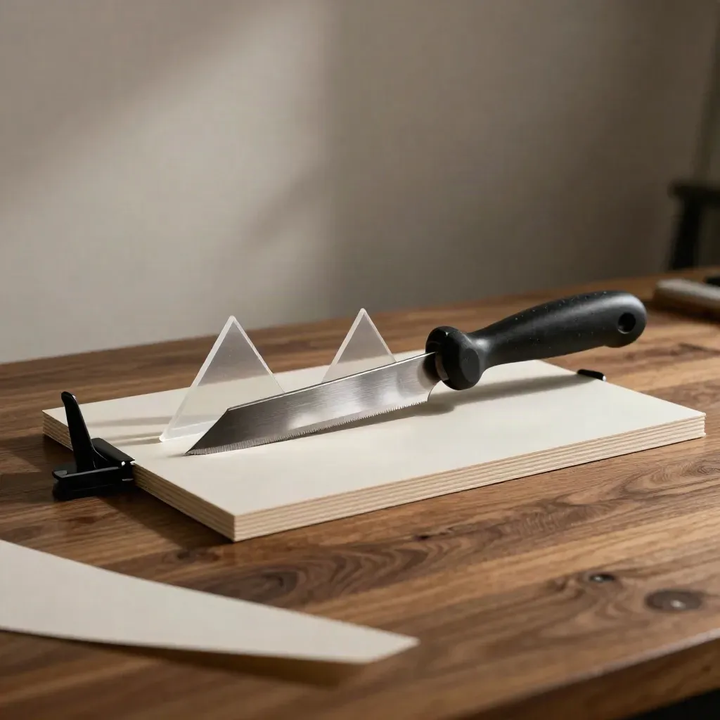 Design tools and proof board on a walnut bench under dramatic studio light.