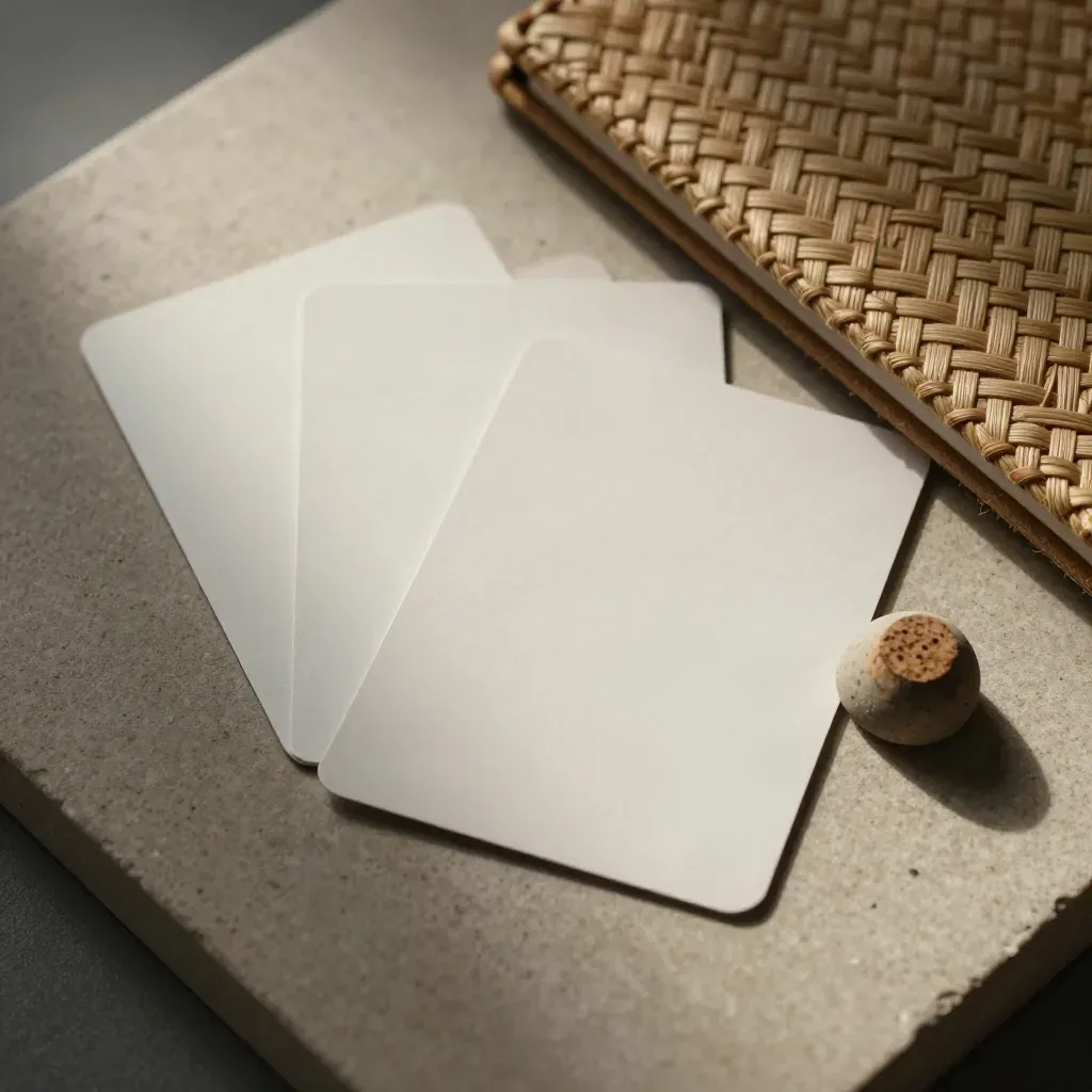 Overhead still life of blank strategy cards, stone paperweight, cork pin and woven notebook cover.