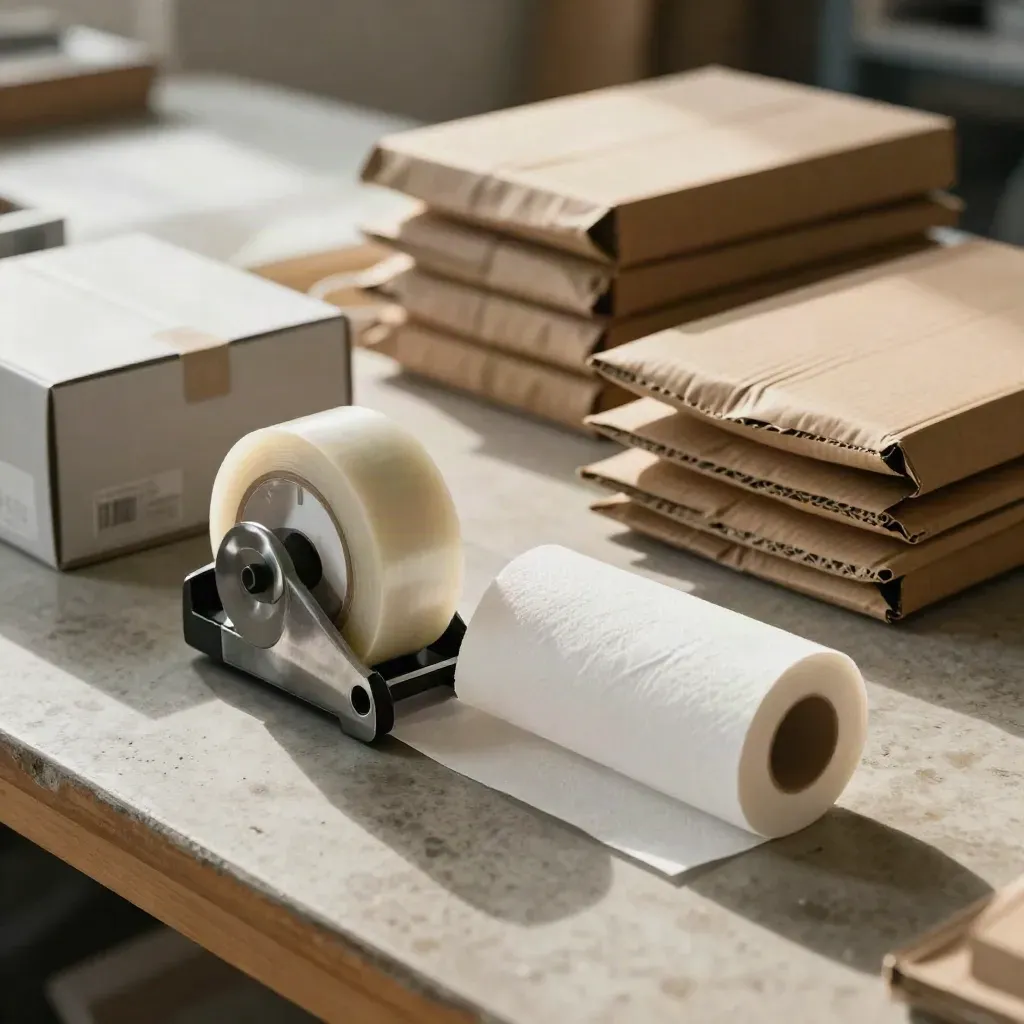 Packing materials sorted for dispatch on a stone-toned warehouse bench.
