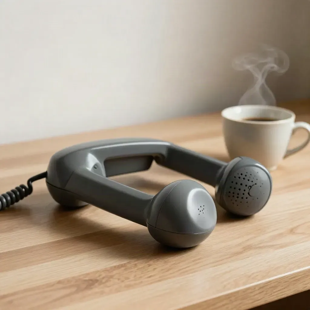 Vintage handset, speaker puck and steaming coffee cup on pale wood in calm intro-call still life.