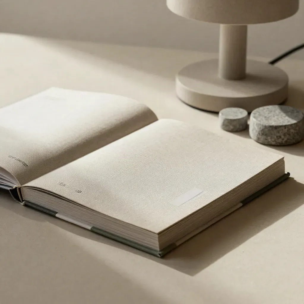 Closed sample books, tabs, lamp base and stone paperweights on a warm plaster surface.