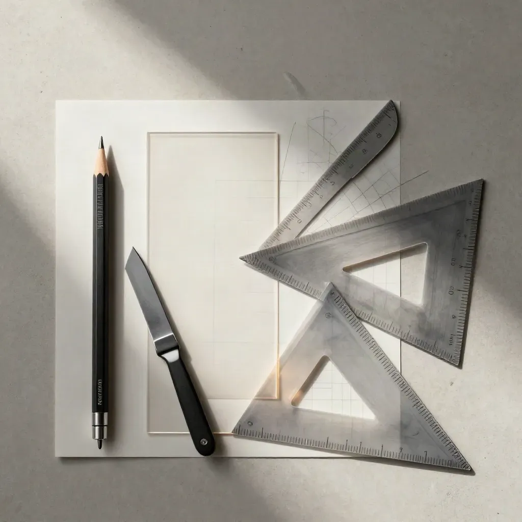 Overhead layout tools on pale concrete, mid-iteration with acetate and graphite dust.