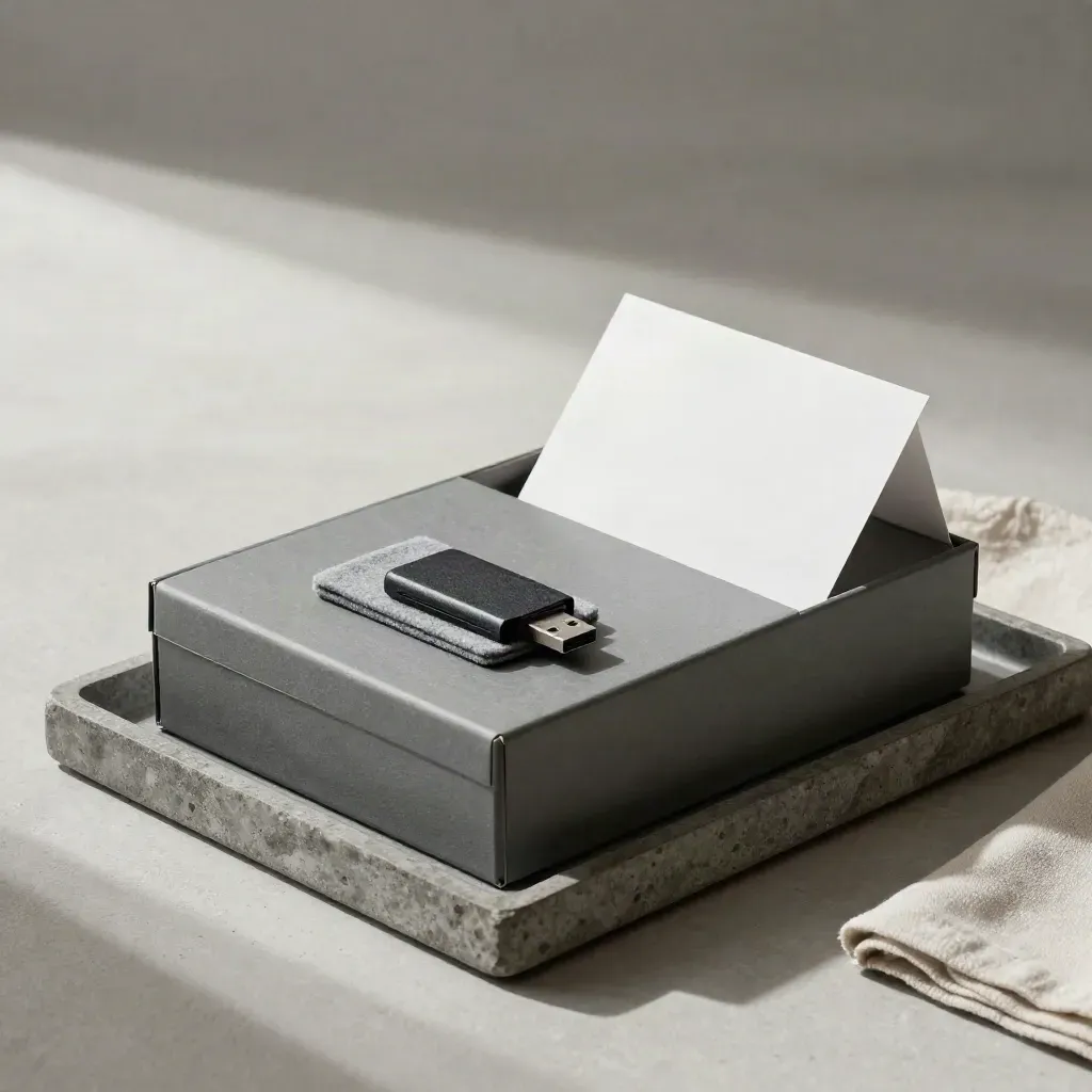 Archive box, felt-sleeved USB drive and folded guide card on a stone tray in soft side light.