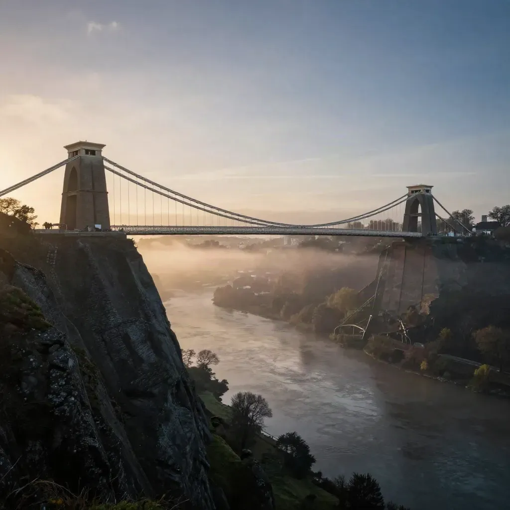 Clifton Suspension Bridge above the Avon Gorge in blue hour mist, with calm space below for copy.