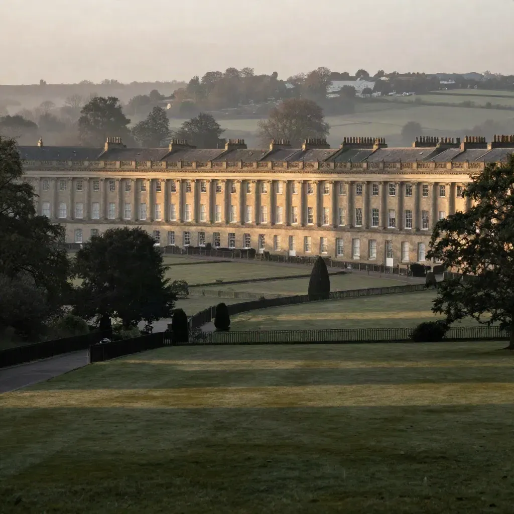 Royal Crescent glowing above misty Bath parkland at sunrise