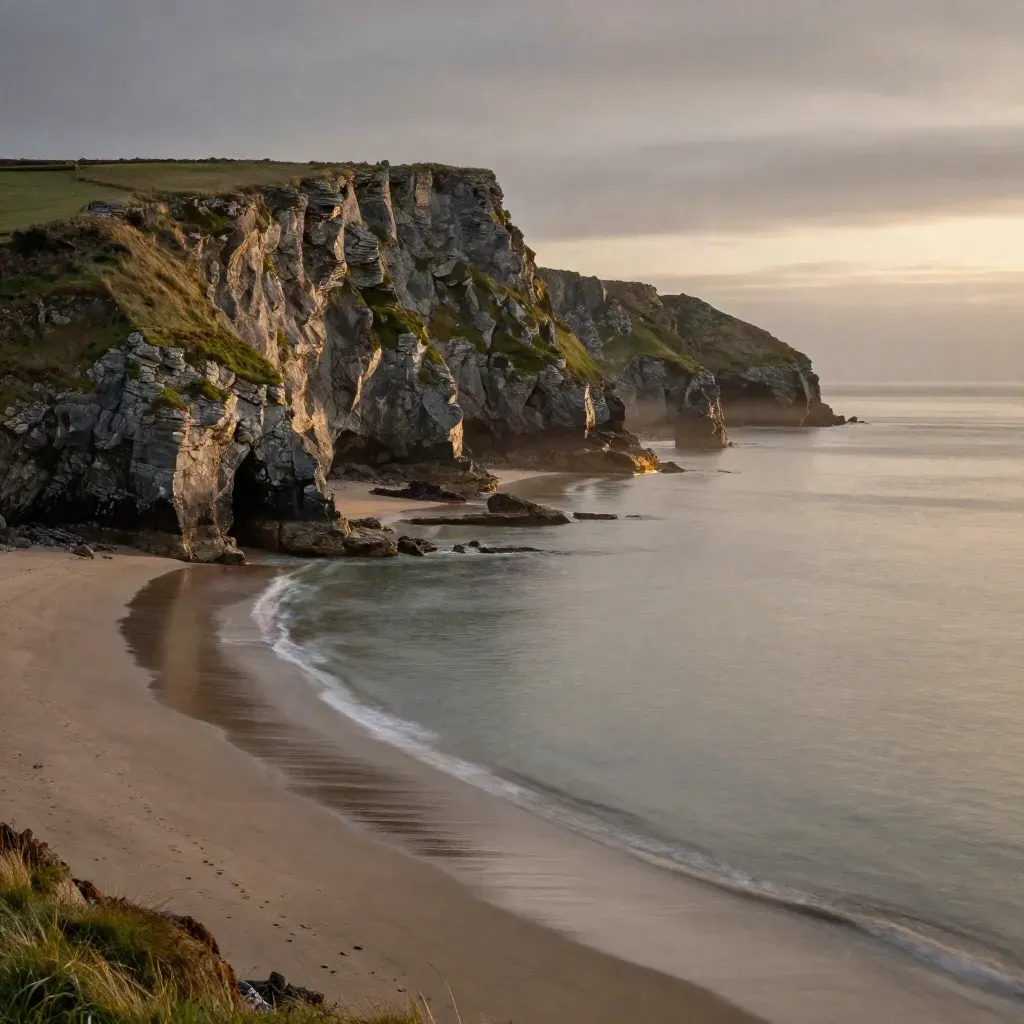 Sunset Devon cliffs above a calm cove, hazy sea below and warm light on the headland.