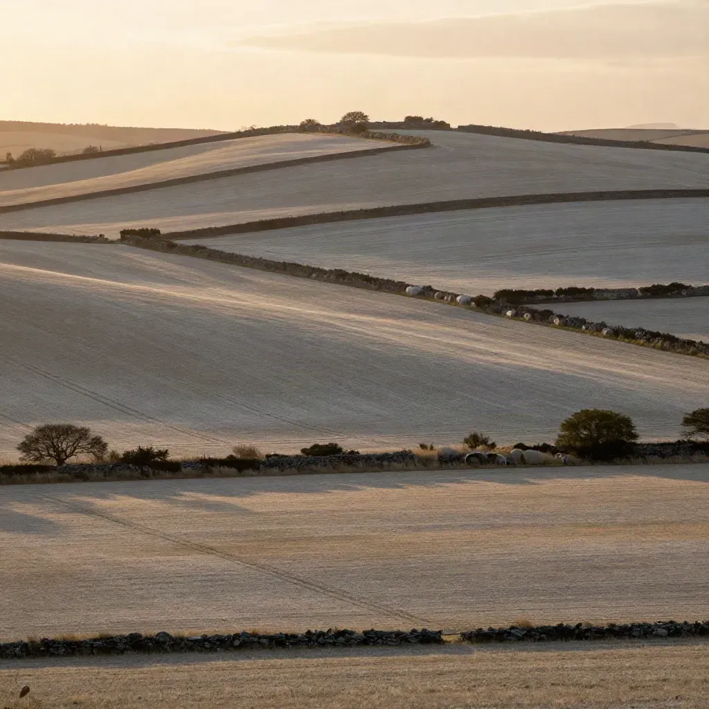 Sunlit limestone farmland and hedgerows in warm haze, with a calm open lower field for copy.